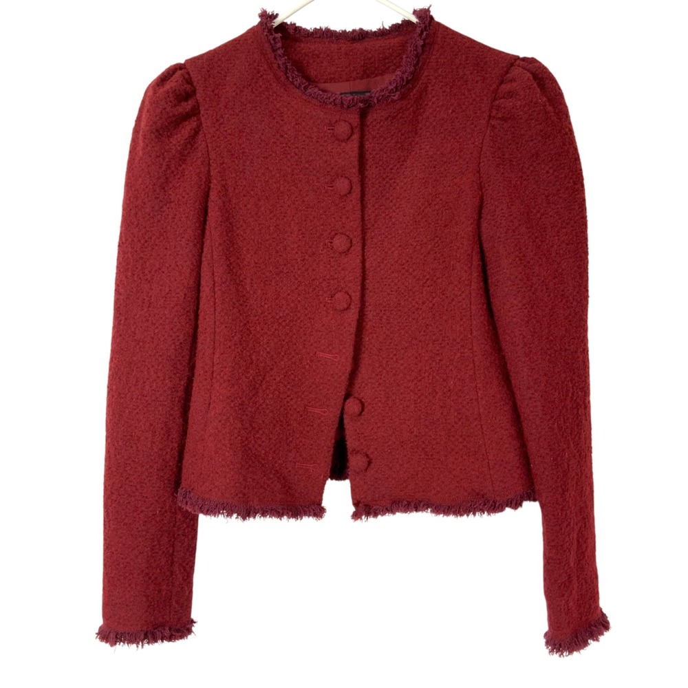 Club Monaco Burgundy Bouclé Cropped Jacket 00 Button Up Round Neck Puff Fringe